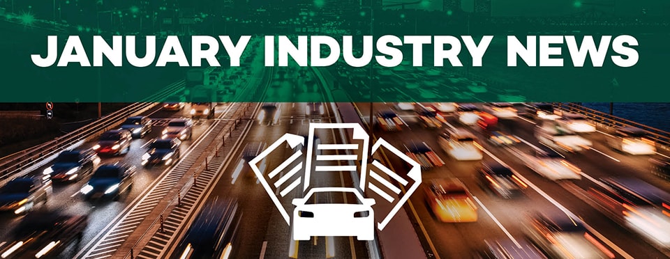 Cars Driving on a highway. Banner on the top of the image saying " January Industry News"
