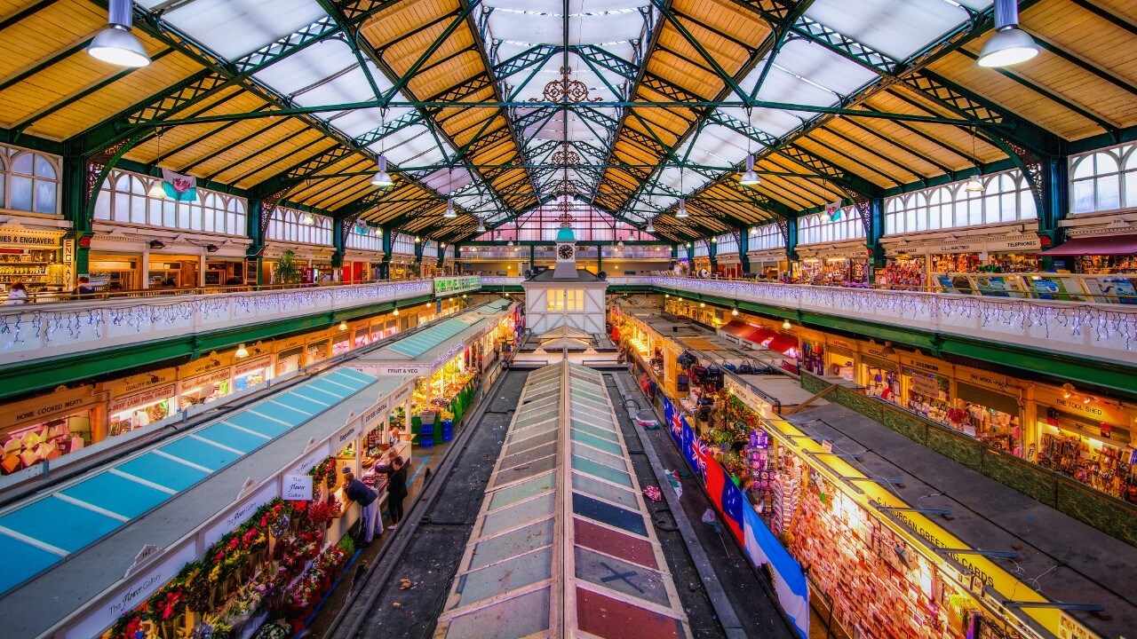 Interior view of the colourful Cardiff Market