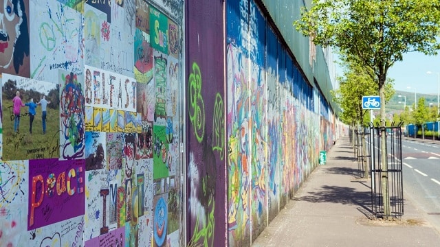 Peace Wall in Belfast, Northern Ireland, which separates Catholic and Protestant neighborhoods