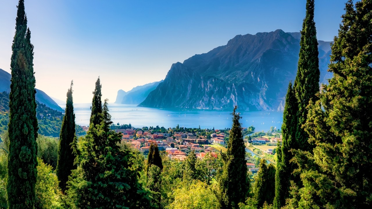 Beautiful aerial view of Torbole, Lake Garda (Lago di Garda) and the mountains, Italy