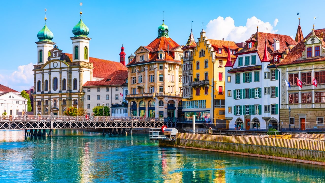 Scenic summer aerial panorama of the Old Town medieval architecture in Lucerne, Switzerland