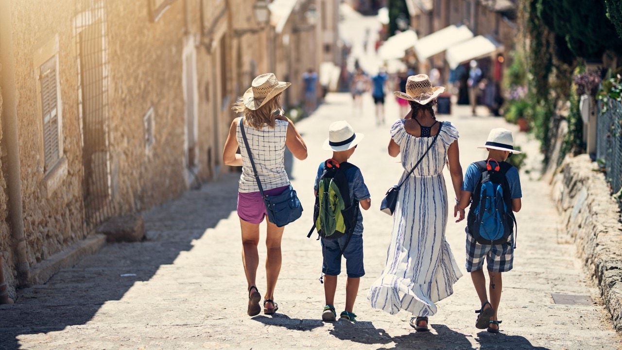 Tourist family walking on famous stairs in beautiful city of Pollensa, Majorca, Spain.
Nikon D850